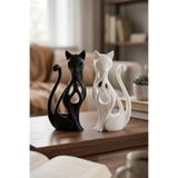 Dekostil 2'li İskandinav Dekoratif Kedi Biblo Seti - Siyah Beyaz Sanat Objesi - 17 cm Beyaz 16 x 16