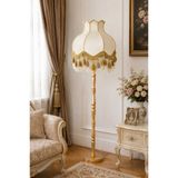 Dekovien Beyaz Kadife Gold Saçaklı Başlık Gold Ahşap Ayaklı Lambader Vintage Model 170x50cm