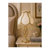 Dekovien Ekru Kadife Kaplı Gold İşlemeli Şık Başlık Burgulu Gold Metal Ayaklı Klasik Model Abajur 55x25cm