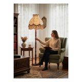 Dekovien Ekru Kadife Üzerine Vizon Fransız Dantel Kaplama Ahşap Ayaklı Lambader Vintage Model 170X45CM