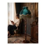 Dekovien Hürrem Yeşili Kadife Başlık Doğal Ahşap Ayaklı Klasik Model Lambader Vintage 170x40cm
