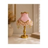 Dekovien Pudra Pembe Gold Süslemeli Başlık Ahşap Gold Ayaklı Klasik Kadife Abajur 45x28cm