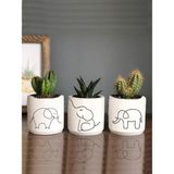 Dekozayn Home Fil Desenli Beton Saksı Üçlü Set- Küçük Boy Sukulent Saksısı Çizim Bereket Hediyelik - Beyaz