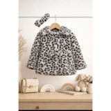 DeKuBaby Leopar Desenli - Bandanalı Peluş Kız Bebek-Çocuk Mont - 6 - 9 Ay - Gri