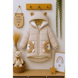 DeKuBaby Yeni Sezon Peluş Ayıcık Cepli, Kulaklı Kapüşonlu, Peluş Astarlı Ünisex Çocuk Kışlık Mont-Kaban - Bej - 4 - 5 Yaş