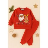 DeKuBaby Yılbaşı Temalı Bebek-Çocuk 2'li Eşofman Takımı ( Sweatshirt-Beli Lastikli Eşofman Altı ) - Kırmızı-1 - 4 Yaş