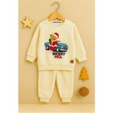 Dekuteks Yılbaşı Temalı Bebek-Çocuk 2'li Eşofman Takımı ( Sweatshirt-Beli Lastikli Eşofman Altı ) - 4 Yaş - Bej