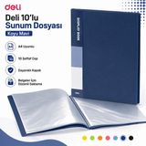 Deli A4 10'lu Sunum Dosyası 10 Şeffaf Cepli Display Book Evrak ve Belge Dosyası - Koyu Mavi