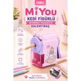 Deli E0641 Miyou Kedi Figürlü Çevirmeli Masaüstü Kalemtıraş - Pembe - Standart