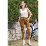 della moor Kadın Hardal İtalyan Kamuflaj Desen Dar Paça Pantolon