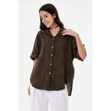 Della Moor Kadın Italyan Çiçek Nakışlı Fistolu Oversize Poplin Gömlek 40 - 46 Beden - Kahverengi