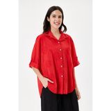 Della Moor Kadın Italyan Çiçek Nakışlı Fistolu Oversize Poplin Gömlek 40 - 46 Beden - Kırmızı