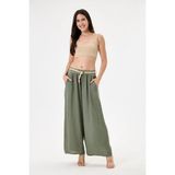 Della Moor Khaki Kadın Italyan %100 Keten Ip Kemerli Beli Lastikli Bol Paça Palazzo Pantolon 38 - 42 Beden