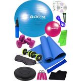 Delta 14 Lü Pilates Topu Seti Plates Minderi 1 kg Dambıl Aerobik Band Tekerlekli Lastikli Spor Aleti - Çok Renkli