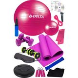 Delta 14 Lü Pilates Topu Seti Plates Minderi 1 kg Dambıl Aerobik Band Tekerlekli Lastikli Spor Aleti - Fuşya