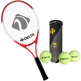 Delta Max Joys 21 İnç Çocuk Tenis Raketi + Çantası + Vakumlu Tüpte 3 Adet Tenis Maç Topu Seti - Kırmızı - Beyaz - 21 inç
