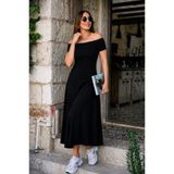 deluxe takı ve giyim Kadın Omuzlardan Açık Lastikli Uzun Viskon Elbise