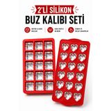 Delvos 2'li Kırmızı Silikon Kalpli ve Kare Buz Kalıbı | Silikon Yapışmaz Buzluk Kalp Buz Kalıbı