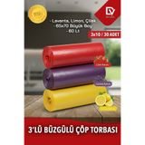 Delvos Büyük Boy Plus Büzgülü Çöp Torbası 65x70 3'Lü Eko Paket Lavanta-Çilek-Limon Kokulu Çöp Poşeti