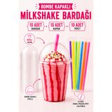 Delvos (Pipetli) 10 Adet Bombe Kapaklı 10 Adet Pipetli 10 Adet 400 Cc Plastik Pet Bardaklı Toplam 30 Adet Parça Soğuk Kahve Limonata Milkshake Bardağı