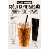 Delvos (Pipetli) 10 Adet Klips Kapaklı 10 Adet Pipetli 10 Adet 400 Cc Plastik Pet Bardaklı Toplam 30 Parça Pet Soğuk Kahve Limonata Milkshake Bardağı