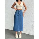 Dema Mavi Denim Etek Bilek Boy Pamuklu Kadın Günlük Stil Rahat Tasarım - XS