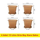 Demet Home 4 Adet Plastik Kare 13 Litre Orta Boy Bahçe Balkon Salon Ağaç Çiçek Dekorasyon Saksısı Tabaklı 29*29*27 cm - 13 lt 4 adet