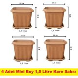 Demet Home 4 Adet Plastik Kare Saksı Bahçe Balkon Salon Çiçek Dekorasyon Saksısı Mini Tabaklı 1,5 litre Saksı 15*15*13 cm - 1.5 lt 4 adet
