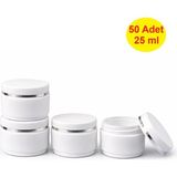 Demet Home 50 Adet 25 cc mini Beyaz Lüx Şeritli Boş Kozmetik-Pomat-Krem-Hobi Kutusu Plastik Krem Kavanozu 25 ml