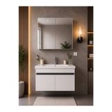 Demezler Home Modern Linea 80 cm Beyaz Renkli MDF Seramik Lavabolu Alt ve Üst Dolaplı Üst Aynalı Banyo Dolabı Takımı