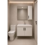 Demezler Mobilya Modern Lale 80 cm Beyaz Mdf Hilton Aynalı Seramik Lavabolu Banyo Dolabı Takımı Alt ve Üst Dolaplı