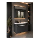 DEMEZLER MOBİLYA Modern Linea 80 cm Antrasit Renkli MDF Seramik Lavabolu Alt ve Üst Dolaplı Üst Aynalı Banyo Dolabı Takımı