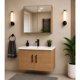 Demezler Mobilya Modern Luna 65 cm Ahşap MDF Banyo Dolabı Takımı Aynalı Üst Modül ve Seramik Lavabolu