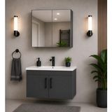 Demezler Mobilya modern Luna 65 cm Antrasit MDF Banyo Dolabı Takımı Aynalı Üst Modül ve Seramik Lavabolu