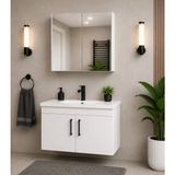 Demezler Mobilya Modern Luna 65 cm Beyaz MDF Banyo Dolabı Takımı Aynalı Üst Modül ve Seramik Lavabolu