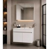 Demezler Mobilya MODERN80 cm Beyaz Mdf Hilton Banyo Dolabı Takımı Aynalı Seramik Lavabolu Alt ve Üst Dolap