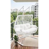 Demharis Çift Kişilik Beyaz Rattan Bahçe Salıncağı Minderli Balkon Salıncağı