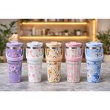 Demir Grup cc Çiçek Desenli 900 ml Taşıma Kulplu Paslanmaz Çelik Termos Mug Bardak