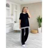 Demir Grup cc Kadın Kısa Kollu Bisiklet Yaka Çift Renk Şerit Detaylı Viskon Iki Iplik Bluz ve Pantolon Ikili Takım - Renkli - 1 Drop - XL