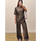Demir Grup cc Kadın Kısa Kollu Bisiklet Yaka Iki Iplik Leopar Desenli Bluz ve Pantolon Ikili Takım - Renkli - 1 Drop - XL