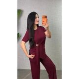 Demir Grup cc Kadın Kısa Kollu Bisiklet Yaka Yandan Toka Detaylı Viskon Iki Iplik Bluz ve Pantolon Ikili Takım - Bordo - 1 Drop - 2XL - 3XL