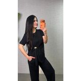 Demir Grup cc Kadın Kısa Kollu Bisiklet Yaka Yandan Toka Detaylı Viskon Iki Iplik Bluz ve Pantolon Ikili Takım - Siyah - 1 Drop - 2XL - 3XL