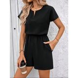 Demir Grup cc Kadın Kısa Kollu V Yakalı Beli Lastikli Kısa Ithal Krep Tulum - Siyah - 1 Drop - 2XL - 3XL