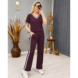 Demir Grup cc Kadın Kısa Kollu V Yakalı Viskon Iki Iplik Bluz ve Pantolon Ikili Takım - Bordo - 1 Drop - L - XL