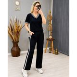 Demir Grup cc Kadın Kısa Kollu V Yakalı Viskon Iki Iplik Bluz ve Pantolon Ikili Takım - Siyah - 1 Drop - L - XL