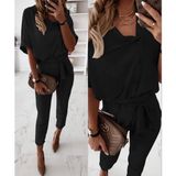 Demir Grup cc Kadın Kısa Kollu Yakalı Önden Düğmeli Bürümcük Bluz ve Pantolon Ikili Takım - Siyah - 1 Drop - L - XL