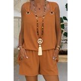 Demir Grup cc Kadın Kolsuz V Yaka Kuş Gözü Detay Bluz Short Aerobin Ikili Takım - Turuncu - 1 Drop - 2XL - 3XL