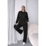 Demir Grup cc Kadın Uzun Kollu Bisiklet Yaka Belden Büzgülü Bağcıklı Viskon Iki Iplik Bluz ve Pantolon Ikili Takım - Siyah - 1 Drop - L - XL