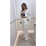 Demir Grup cc Kadın Uzun Kollu Bisiklet Yaka Desenli Iki Iplik Şardonlu Bluz ve Pantolon Ikili Takım - Beyaz - 1 Drop - L - XL