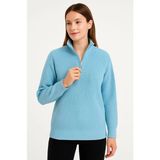 Demir Grup cc Kadın Yarım Fermuarlı Triko Kazak – Selanik Örgü, Dik Yaka, Pamuklu Dokuma, Oversize Uzun Kollu Kışlık Model - Bebe Mavisi - Mint Yeşili
